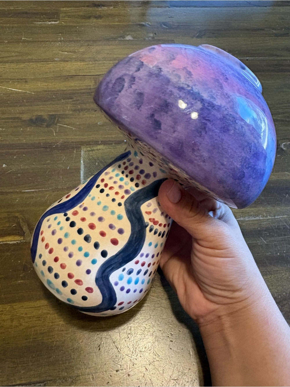 Hand painted Mushroom Vase Groovy Psychedelic Purple Blue Dots